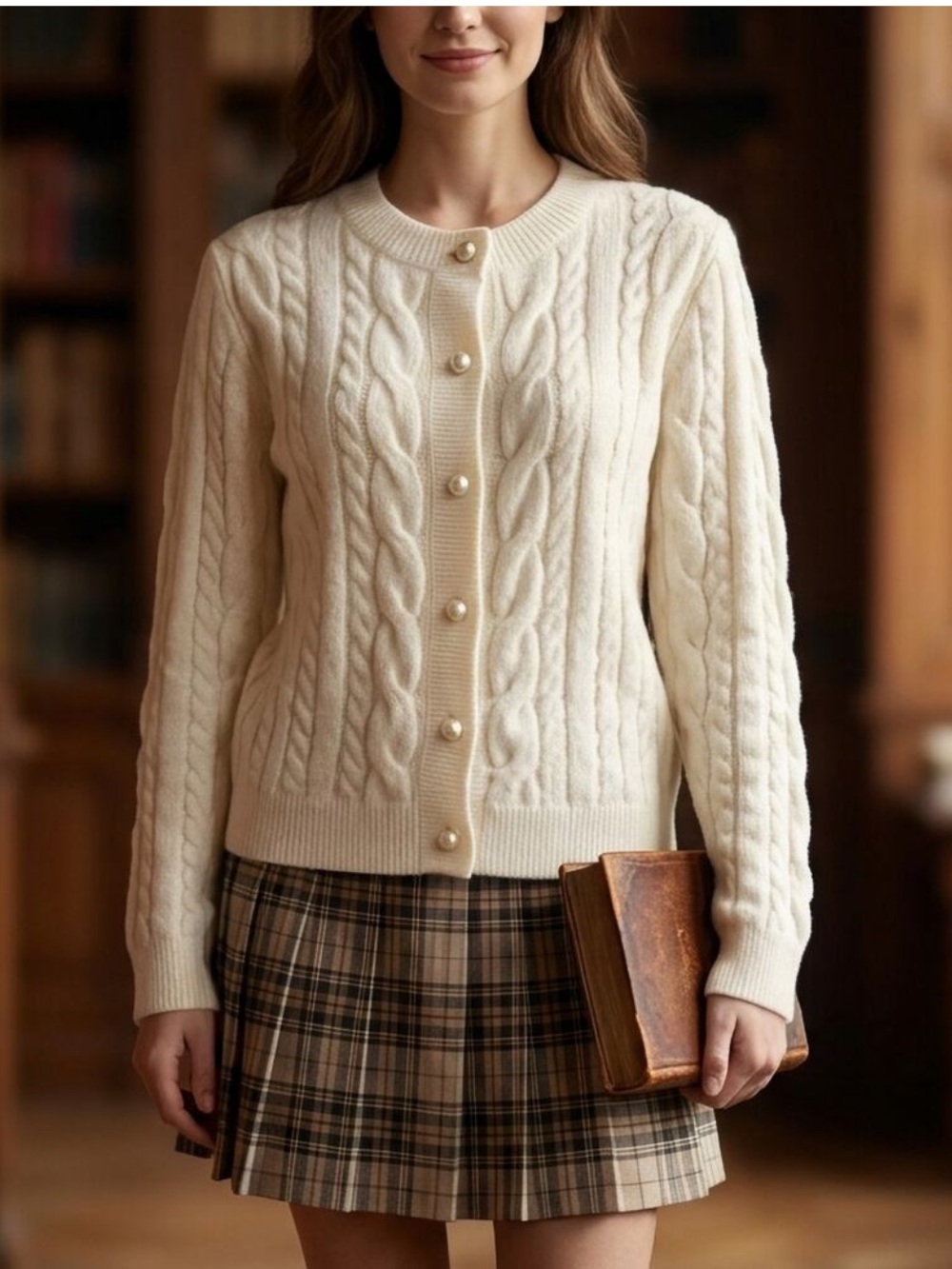 H&M Cream Cable Knit Pearl-Button Cardigan